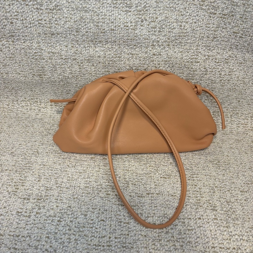 Tan Slouchy Small Pouch, Shoulder Bag. Adjustable Tie Strap. Clam & Snap Closure